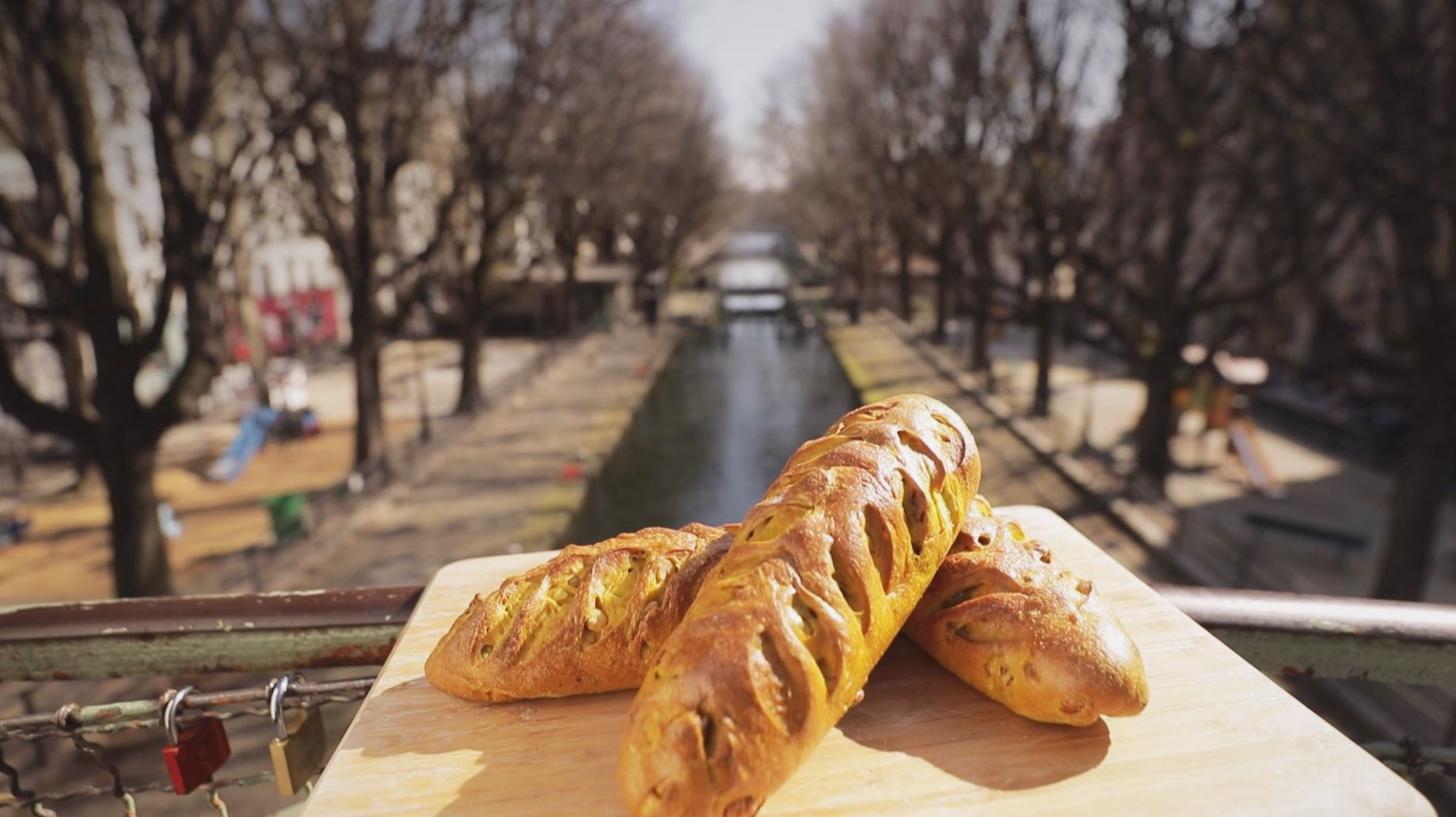 Pain viennois curcuma, noix et noisettes devant le canal Saint Martin de Paris