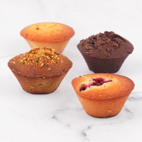 Financier framboise, financier chocolat, financier nature et financier pistache